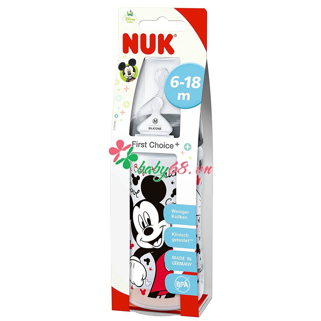 Bình Sữa Nuk Disney/Mickey/Gấu Pooh 300ml (Núm Silicone, Nhựa PP) - Made in Germany