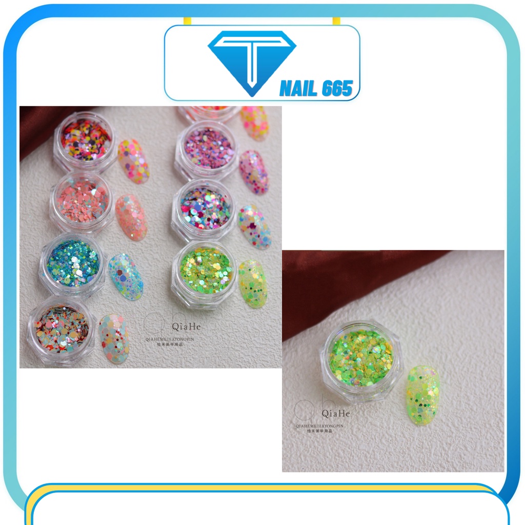 Nhũ kim tuyến trang trí móng nail , Nhũ tròn kim tuyến 9d ẩn gel sét 12 ô