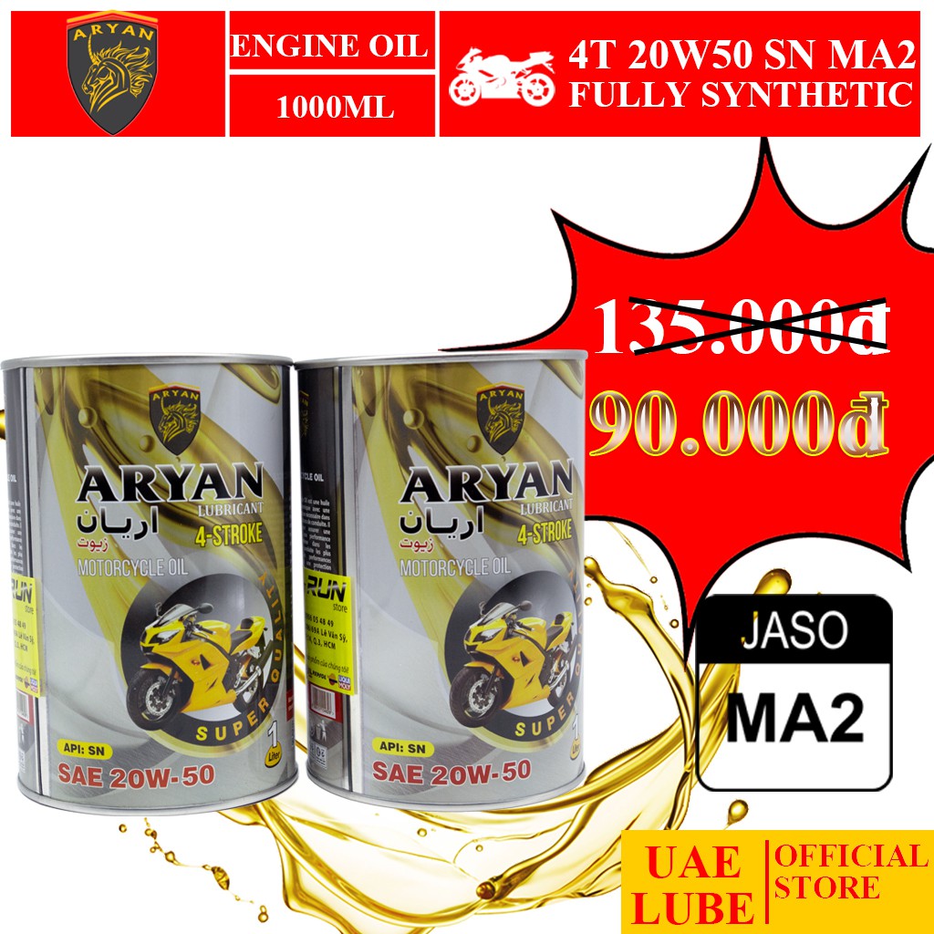 Nhớt Tổng Hợp ARYAN 20w50 1000ml SN JASO MA2 - Dùng Cho Xe Mô Tô, Xe Số - ARYAN FULLY SYNTHETIC SAE 20W50 JASO MA2 SN