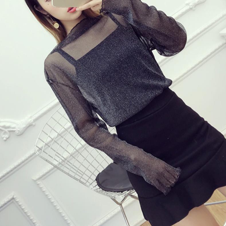 Women Mesh T-shirts Long Sleeve Tops Hot Sexy High Neck Black Lace Bottoming Shirts Punk Chic T Shirt Women  ྇