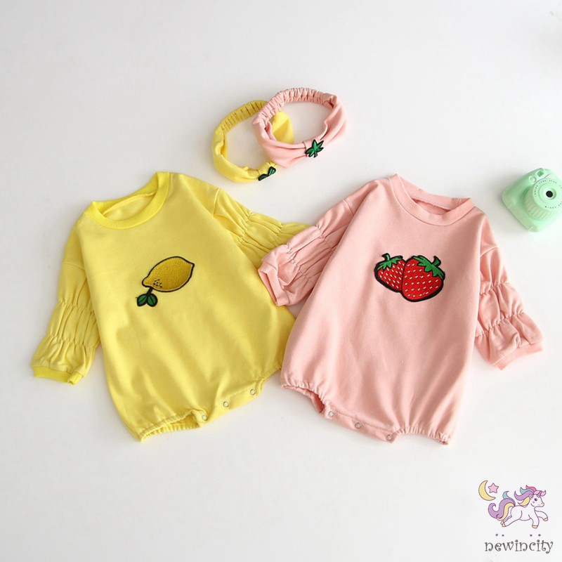 Bộ áo liền quần tay dài in hình trái cây kèm băng đô cho bé gái