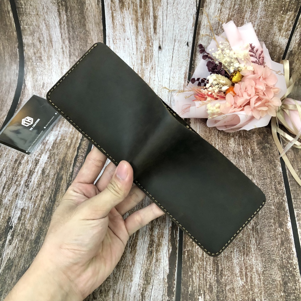 Ví Nam Da Bò Sáp Khâu Viền Thủ Công Vintage, Bóp Da Nam Mini Dáng Ngang Handmade Nhỏ Gọn - BH 2 Năm