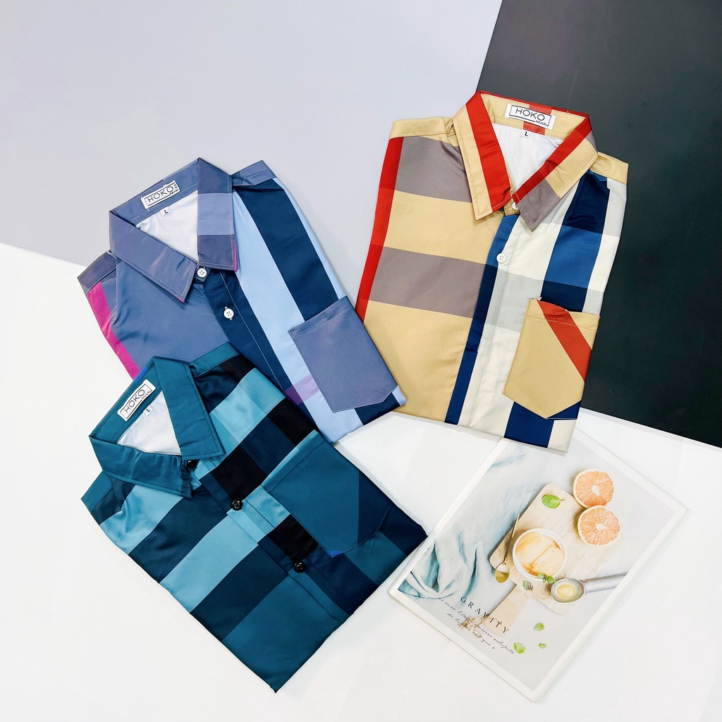 Áo sơ mi 3D tay ngắn chất lụa Caro thêu ngực hoạ tiết BURB đẹp mắt thoáng mát phong cách trẻ trung thời trang nam nữ