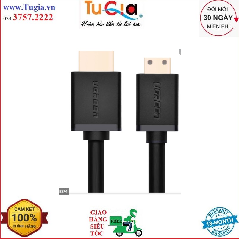 Cáp mini HDMI sang HDMI 1.4 thuần đồng 19+1 UGREEN HD108 10195 dài 1M - Hàng Chính Hãng