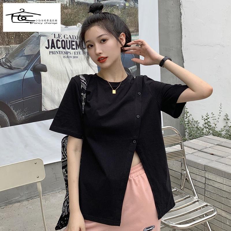 Giảm Giá Đặc Biệt ~ Áo Thun Tay Ngắn Dáng Rộng Xẻ Tà Thoải Mái Phong Cách Harajuku Mùa Hè Cho Nữ @ -