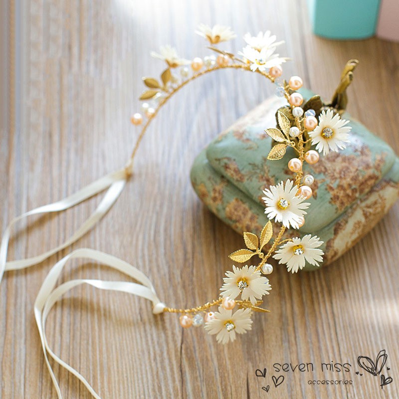 Băng đô cài tóc đính hoa dạng cột nơ xinh xắn dùng trang điểm cô dâu tiện dụng xinh xắn