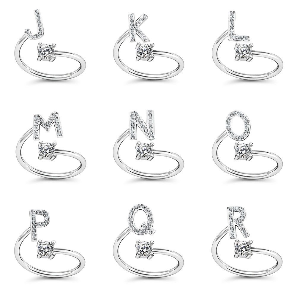 Nhẫn điều chỉnh được kích thước thiết kế mặt hình 26 chữ cái tùy chọn đính đá thời trang dành cho nữ