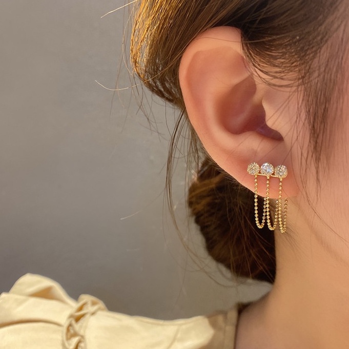 (0445) Khuyên Tai Đá Dây Ba Lớp Sang Trọng Thanh Lịch