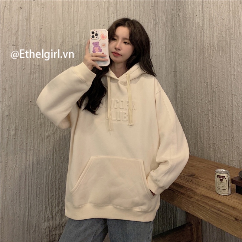 Áo hoodie dáng rộng tay dài vải nhung in chữ thời trang Hàn Quốc  | BigBuy360 - bigbuy360.vn