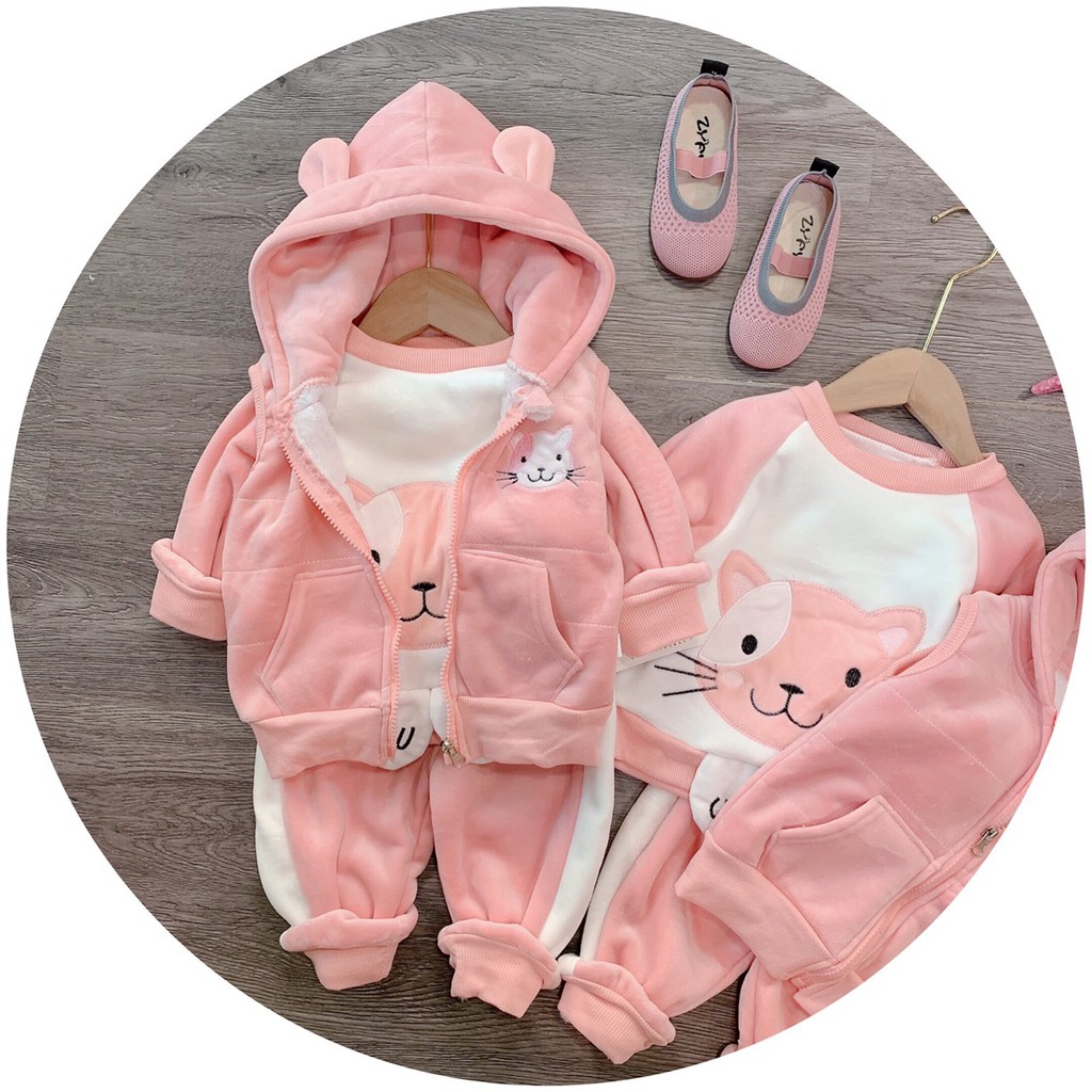 BỘ NỈ LÔNG MÈO HỒNG CHO BÉ GÁI -AT8421105