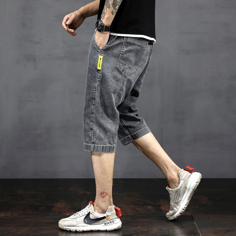 Summer Thin Denim Shorts Men's Capri Pants Men's Loose Straight Stretch Capri Pants Casual Harem Trendy Pants