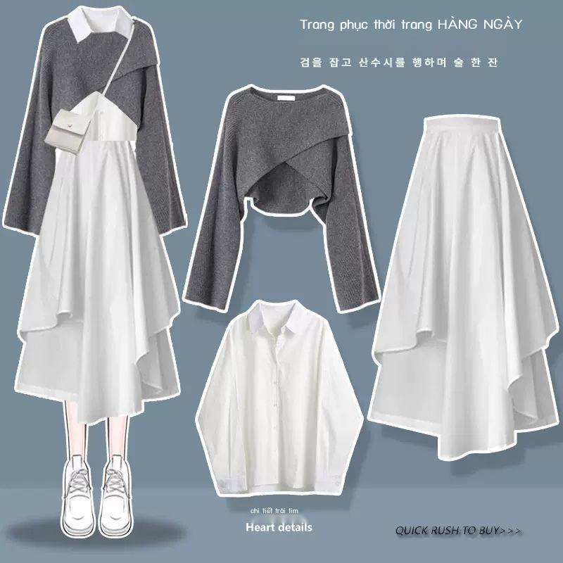 Bộ Áo sweater + Áo Sơ Mi + Chân Váy + Áo Khoác Thời Trang Hàn Quốc 2022 Dễ Thương Cho Nữ