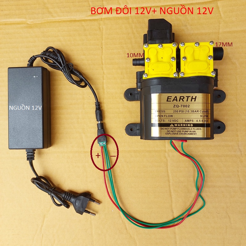 Máy bơm đôi EARTH tăng áp lực nước mini 12V 120W Lưu lượng 9L/phút dùng phun sương,máy bơm mini 12v