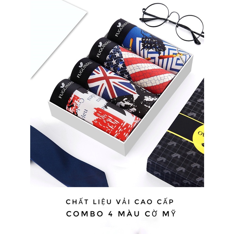 ☆ COMBO 4 Quần Sịp Đùi Nam Họa Tiết Cờ Mỹ Mới - Quần Lót Nam  Cao Cấp Vải Cotton Kiểu Dáng Boxer Co Dãn thoáng mát