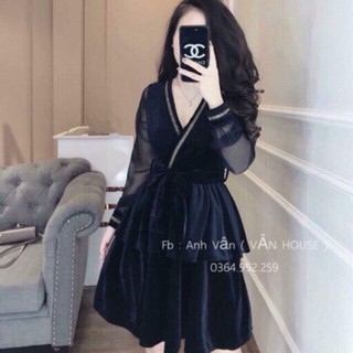 Đầm nhung xòe tầng tay dài phối voan cổ viền Cao Cấp