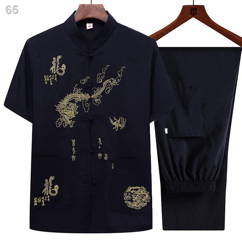 Summer Men s short Phù hợp với nam giới trung niên và cao tuổi Bộ đồ mỏng bố cổ đứng áo sơ mi ông nội phong cách Q