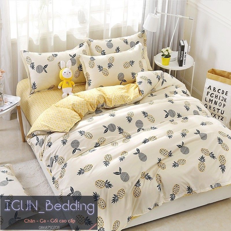 Bộ chăn ga gối phong cách Hàn quốc Cotton Poly Dứa Vàng, Dứa Hồng