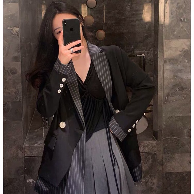 Áo khoác blazer nữ cá tính thiết kế Quảng Châu - Áo blazer đen kẻ thời trang