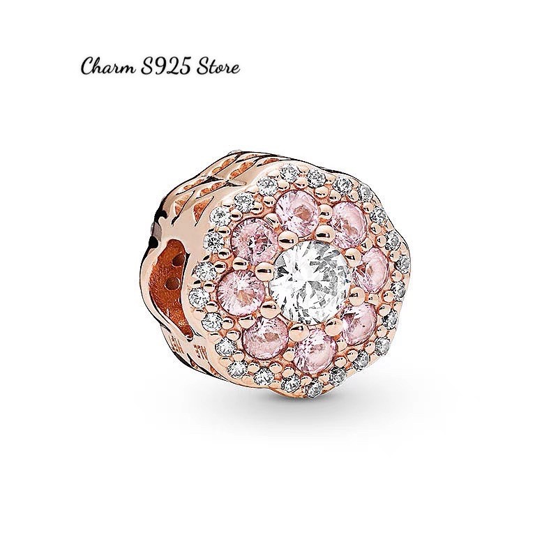 charm pan xỏ ngang vàng hồng đính đá hoa hồng bạc s925