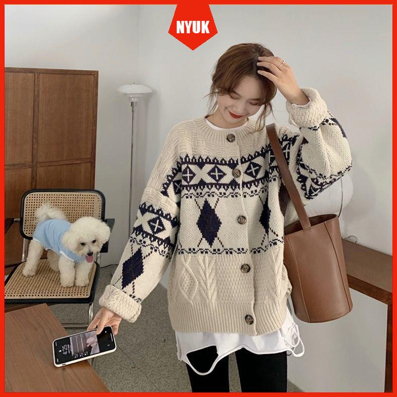 Korean retro sweater lazy style rhombus loose all-match sweater fashion jacket top