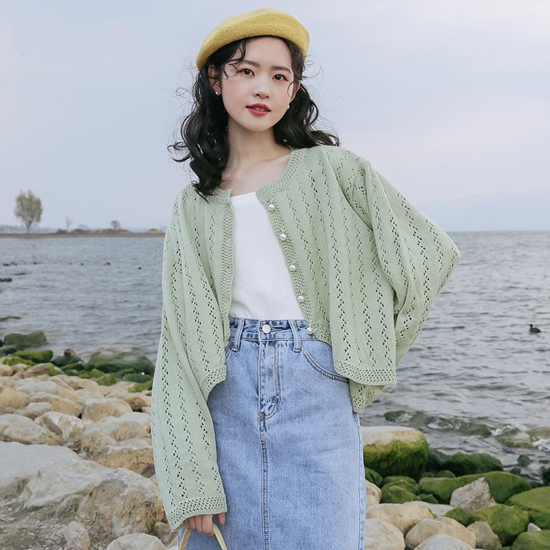 Áo cardigan len lưới mỏng Quảng Châu cao cấp xanh lá kem khoác ngoài phong cách Hàn Quốc mới nhất 2022 Kozoda AC23