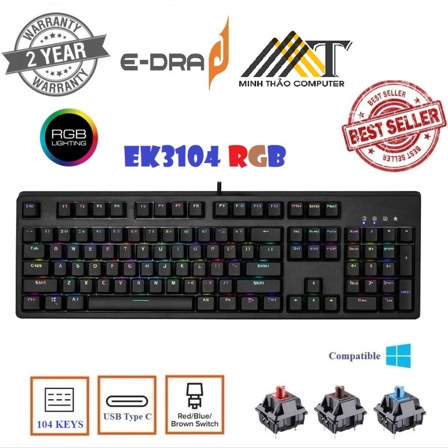 Bàn phím cơ EK3104 HUANO Switch Led RGB - Dây Typ C-Version 2022- Có Mix Màu Cực Chất - Bảo hành 24 tháng chính hãng