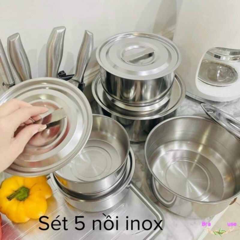 [mới 2021] Bộ Nồi Inox 5 Món Không Quai Đủ Kích Cỡ Siêu Tiện Lợi Đa Năng - Bộ 5 Nồi Inox Có Nắp Không Quai