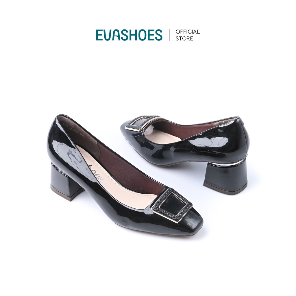 Giày Cao Gót 5CM Đế Vuông Da Bóng Mũi Phối Nơ Khóa EVASHOES - EVA0031B