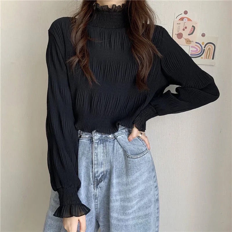 Áo sơ mi cổ cao lưới ren tay dài dáng rộng phong cách thu đông thời trang cho nữ