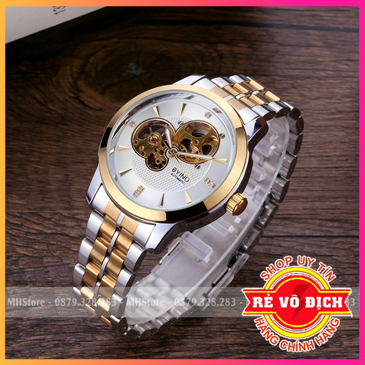 Đồng hồ cơ nam Byino 8082 chính hãng, mặt vân đẹp, sang trọng lịch lãm,  thời trang cao cấp giá rẻ [Tặng tháo dây]