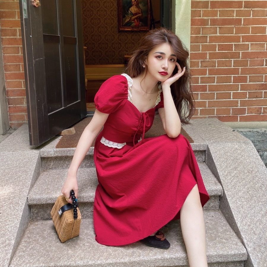 ready stock Đầm Midi Tay Ngắn Màu Xanh Thời Trang Mùa Hè Cho Nữ | BigBuy360 - bigbuy360.vn