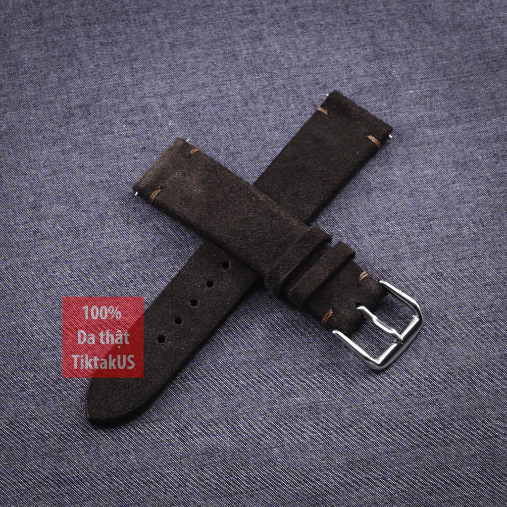 Dây đồng hồ da bò Vintage da lộn không chỉ viền khóa thép không gỉ, nhiều màu, đủ size : 18mm - 19mm - 20mm - 21mm - 22m