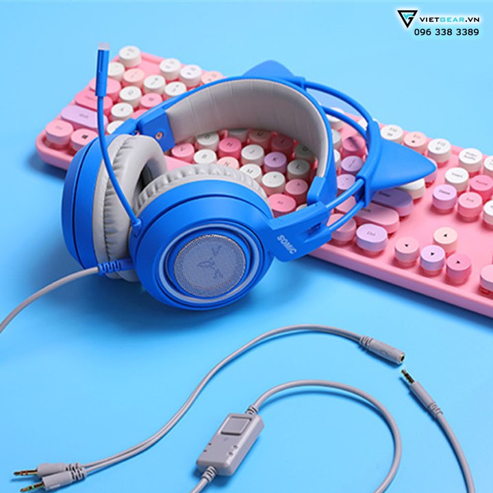 Tai nghe hình mèo Somic G952 mầu xanh có micro