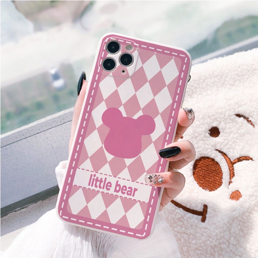 Ốp lưng iphone Bear Hồng cạnh vuông ốp iphone6/6plus/6s/6splus/7/7plus/8/8plus/x/xr/xs/11/12/13/pro/max/plus/promax e203