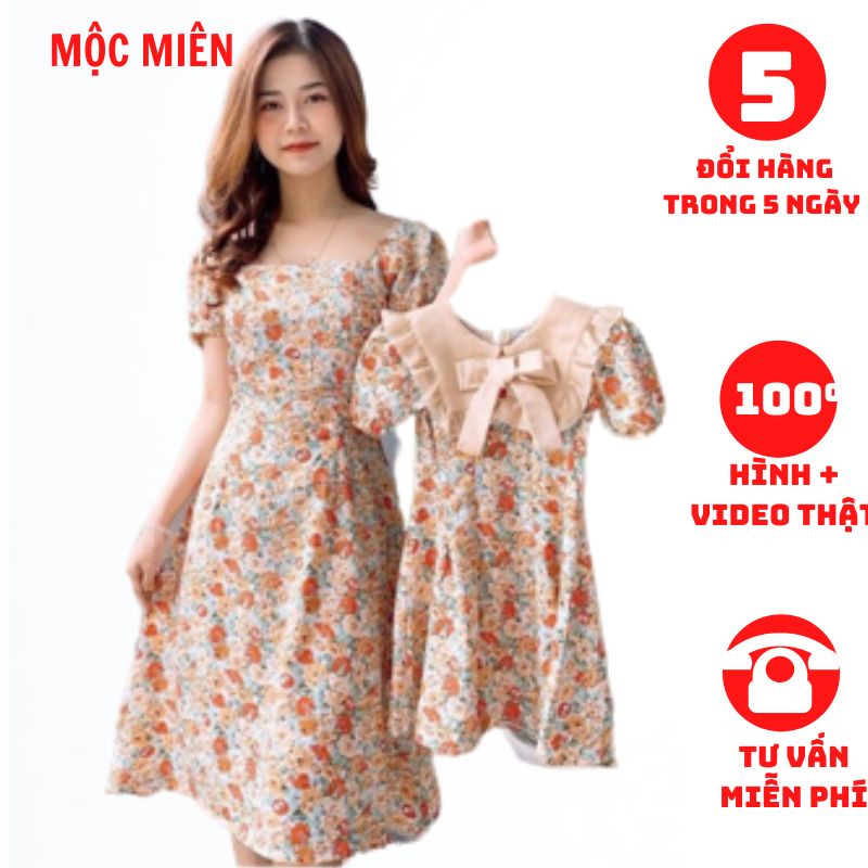 Váy đôi mẹ và bé cổ vuông hoa nhí bé có nơ cổ chất von có lót MB07