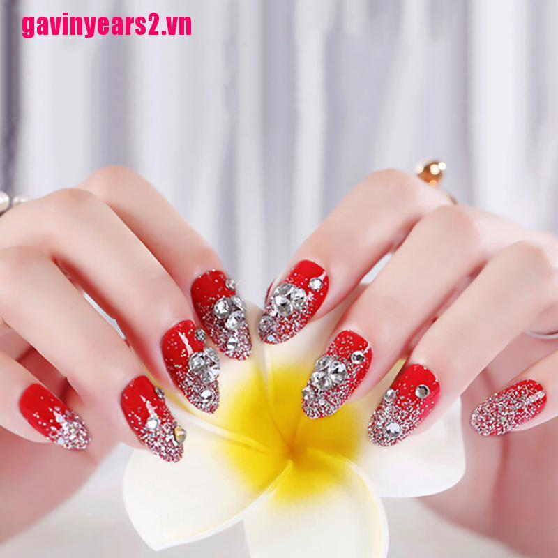 Set 24 Móng Tay Giả Hình Tròn Màu Đỏ Bằng Acrylic