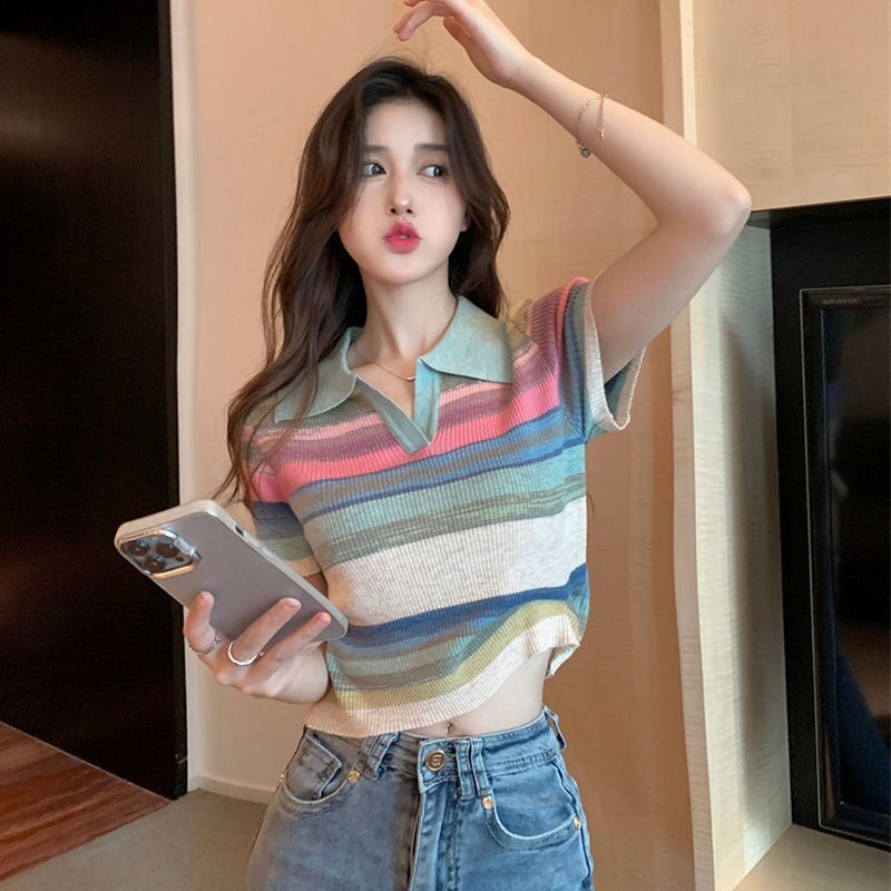 Áo Thun Polo Dệt Kim Ngắn Tay Họa Tiết Kẻ Sọc Thời Trang Mùa Hè Hàn Quốc Cho Nữ