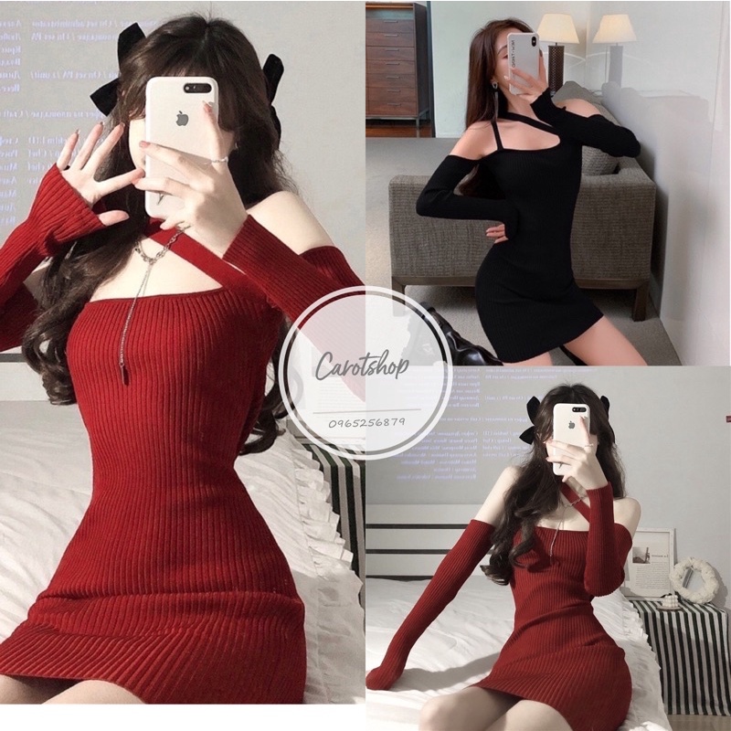 đầm body đỏ trễ vai - đầm noel xinh - carotshop