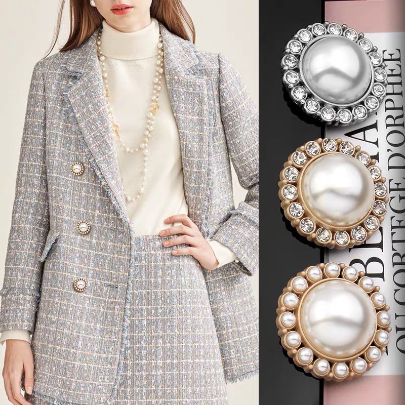 Nút cúc khuy kim loại ngọc trai nhân tạo cao cấp cho áo khoác dạ tweed nhiều kích cỡ 1cm, 1,5cm, 1,8cm, 2,1cm, 2,5cm