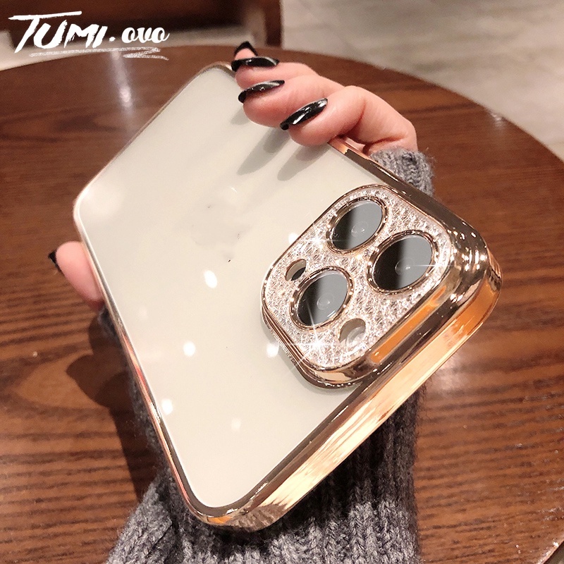 Ốp Điện Thoại Silicon Trong Suốt Đính Kim Cương Lấp Lánh Sang Trọng Bảo Vệ Lens Cho iPhone 13 12 11 Pro Max XR XS X 8 7 Plus