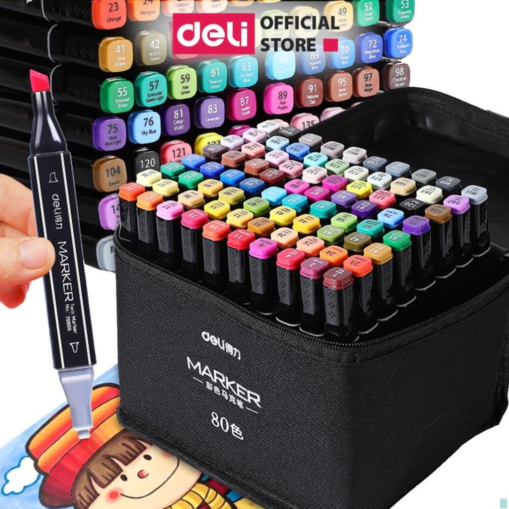 Bút màu dạ marker chuyên nghiệp Deli kèm túi vải họa cụ vẽ tranh cao cấp 30 / 40 / 60 / 80 màu .