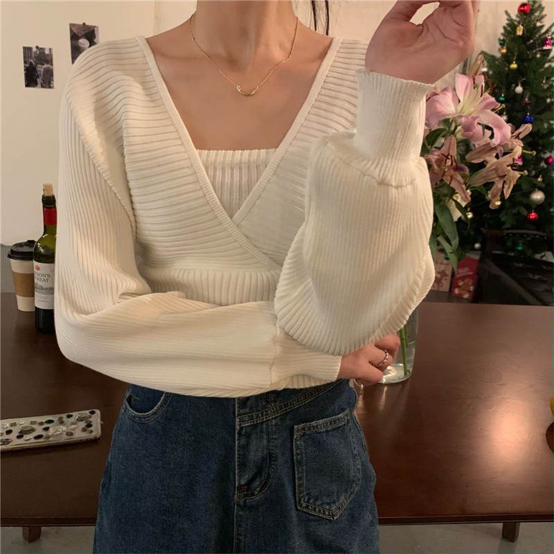 Áo sweater tay dài hở vai ôm eo phong cách thời trang Pháp