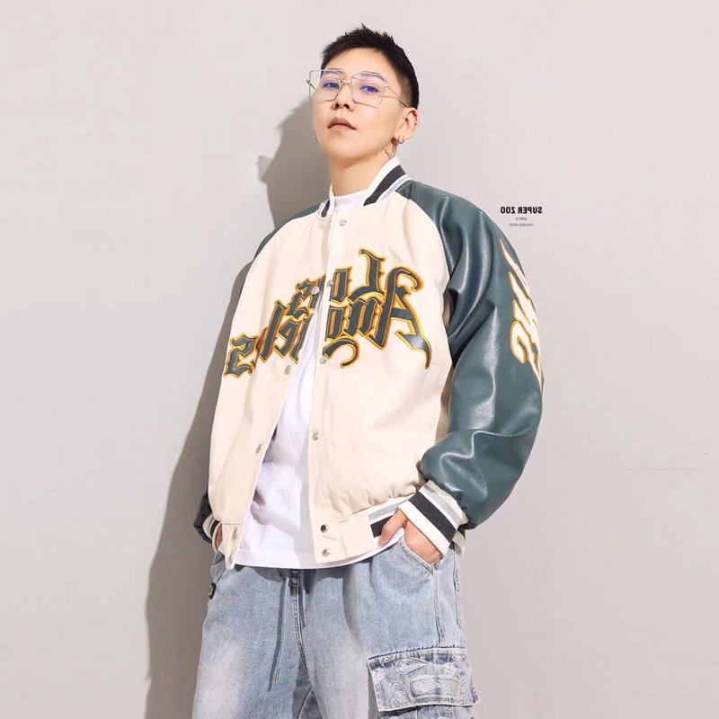 Varsity Jacket Hoạ Tiết Los Angeles Phối Tay Da áo khoác bomber nam nữ