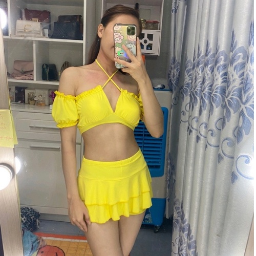 [HÌNH THẬT] Đồ bơi bikini nữ đi biển 2 mảnh tay bồng phối váy Hiền Hồ KONKUN MS77