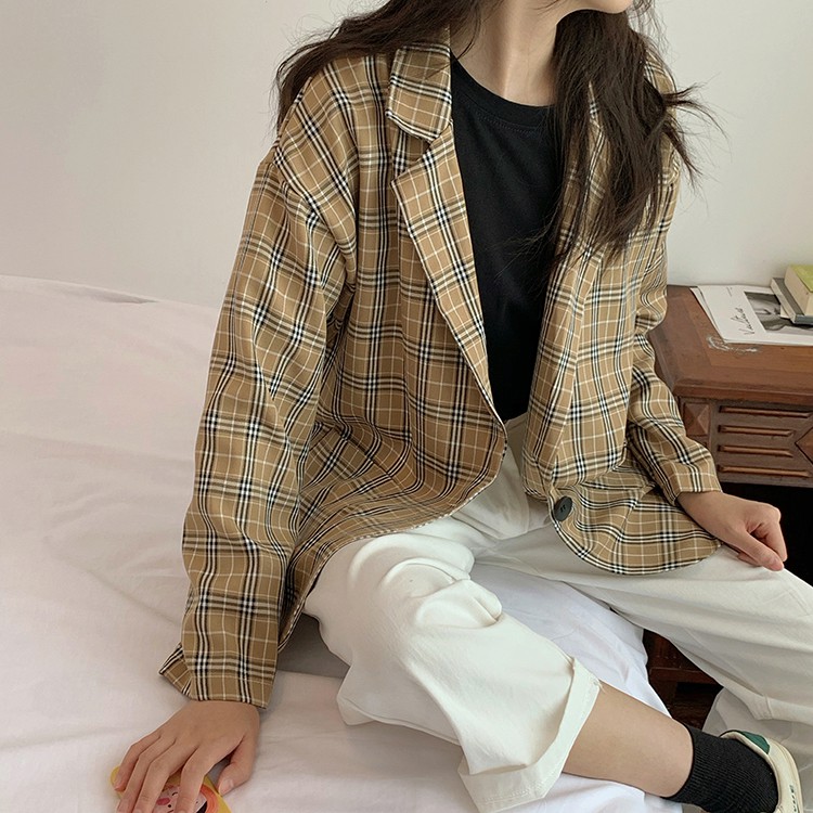 [CÓ SẴN] Áo khoác blazer nữ kẻ caro form rộng dài tay phong cách Hàn Quốc ulzzang | BigBuy360 - bigbuy360.vn