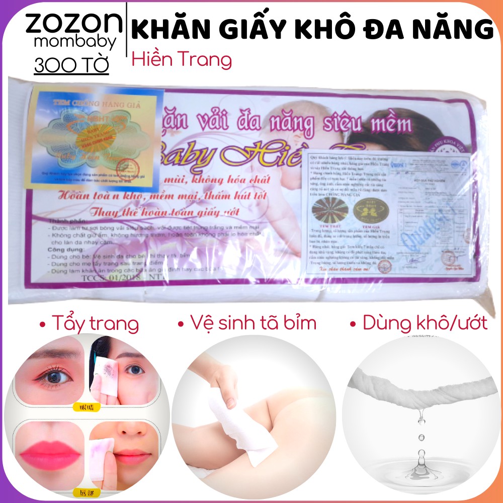 Khăn khô đa năng Hiền Trang tẩy trang, lau vệ sinh, nhúng nước thành khăn ướt giấy ướt, làm từ sợi bông 300 tờ/túi