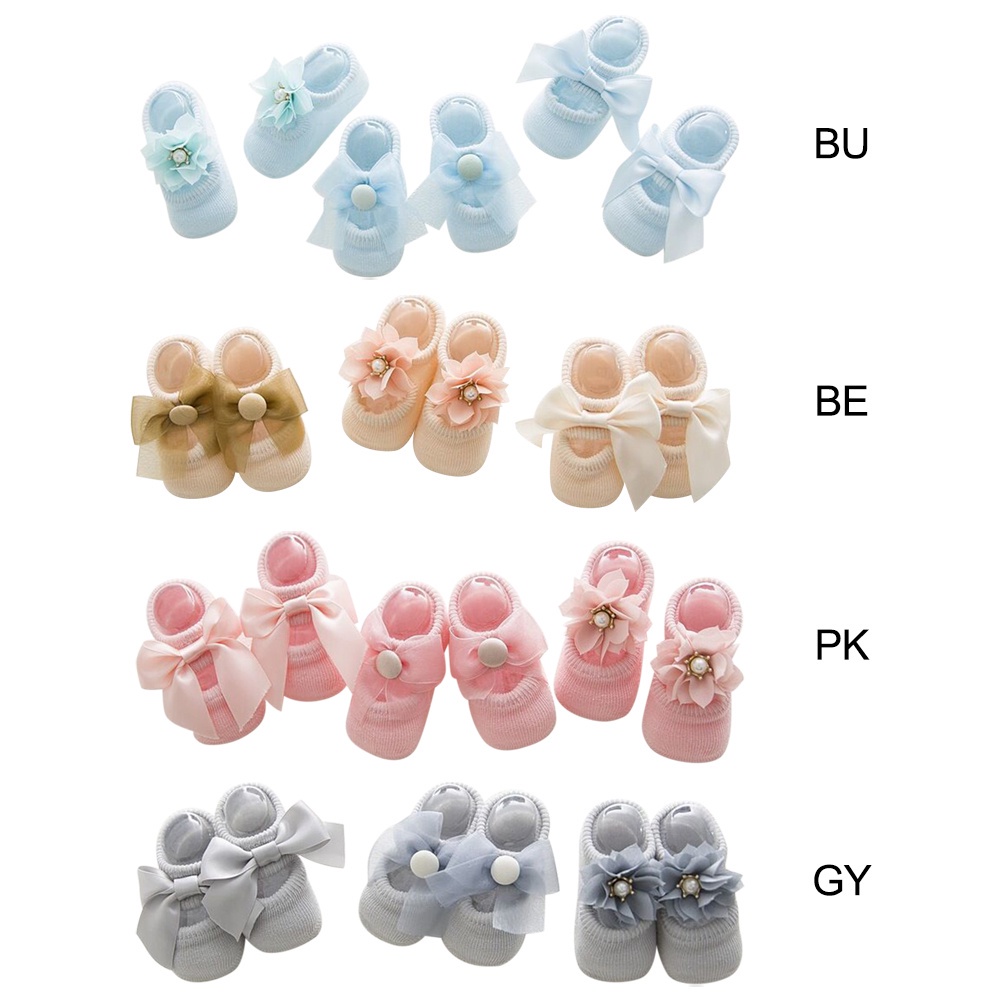 Set 3 Đôi Tất Cotton Chống Trượt Đính Nơ Hoa Dành Cho Bé