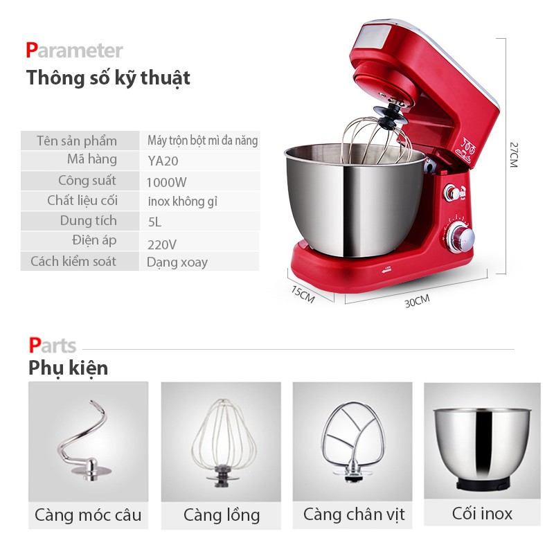 Máy nhào bột đánh trứng cỡ lớn đa năng bát inox 5 lít /6.5 lít trộn salad 3 trong 1 toàn tự động