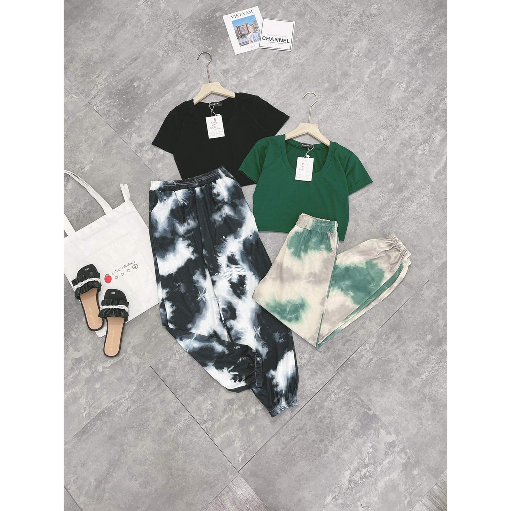 Set Croptop Loang Thể Thao Cộc Tay Mix Quần Boom Thụng Siêu Cá Tính
