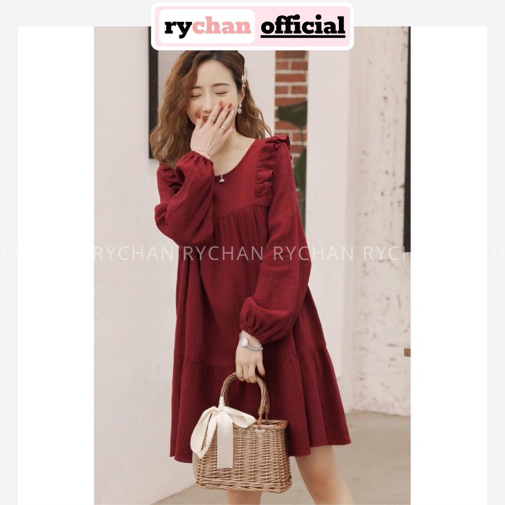 Đầm Đi Chơi Babydoll Đỏ Phối Bèo Đuôi Cá Tay Dài [ẢNH THẬT CUỐI] - DS688